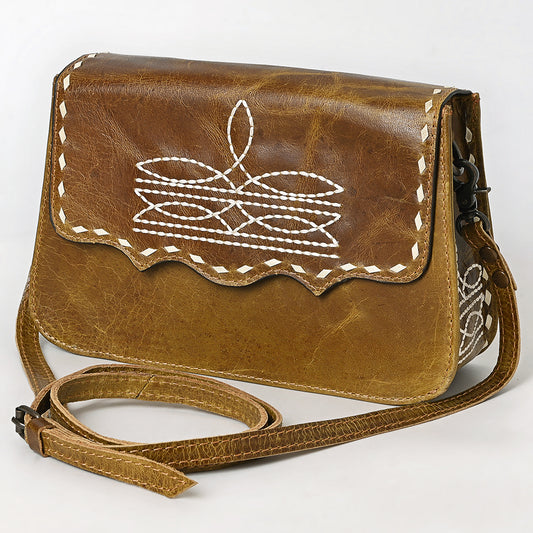 ADBG1692 Distressed Leather Crossbody Bag with White Whipstitch Embroidery - Western Style