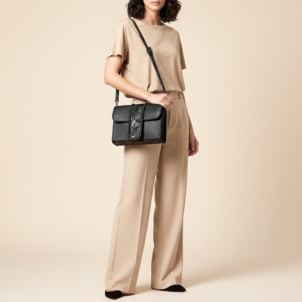 ADBG1694 Black Leather Crossbody Bag with Tooled Strap and Turn-Lock Closure