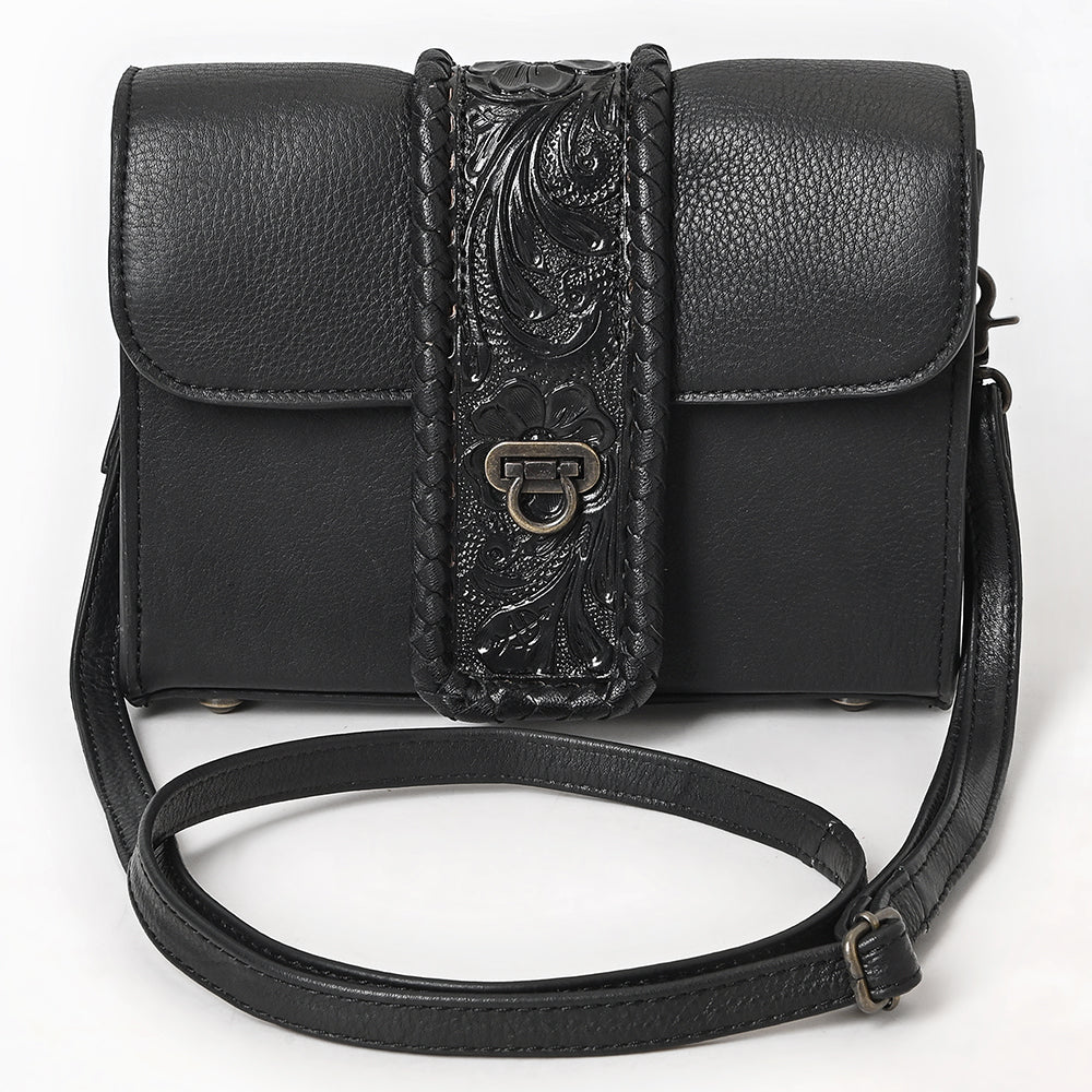 ADBG1694 Black Leather Crossbody Bag with Tooled Strap and Turn-Lock Closure