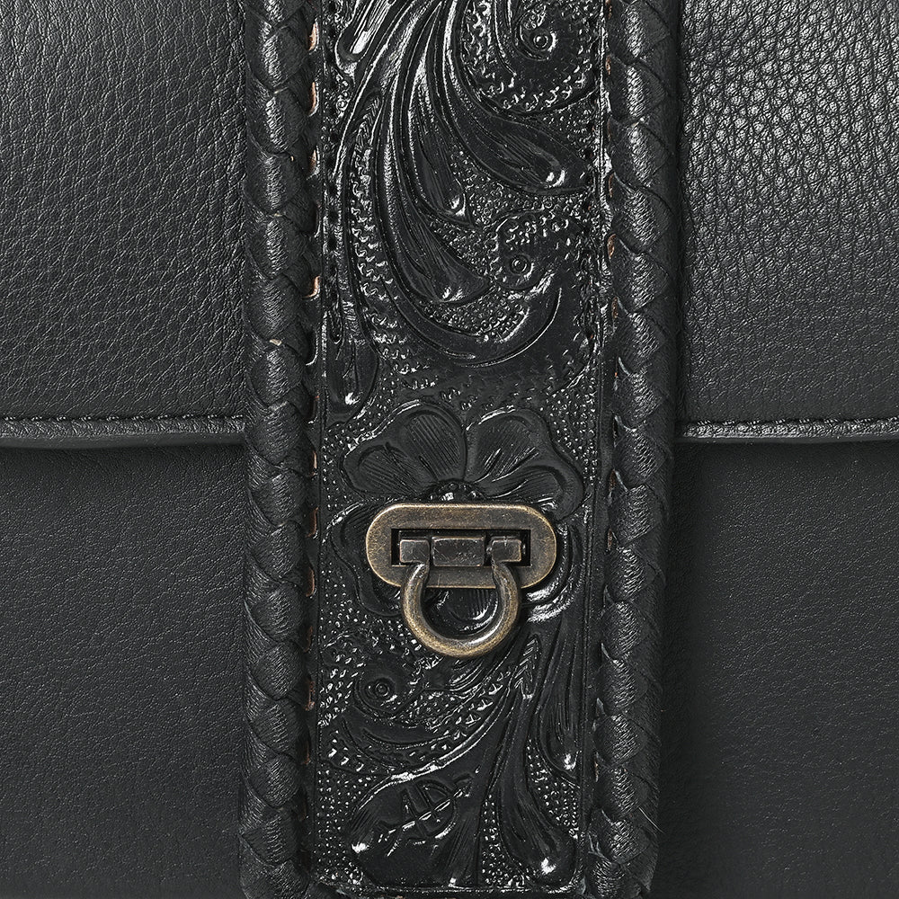 ADBG1694 Black Leather Crossbody Bag with Tooled Strap and Turn-Lock Closure