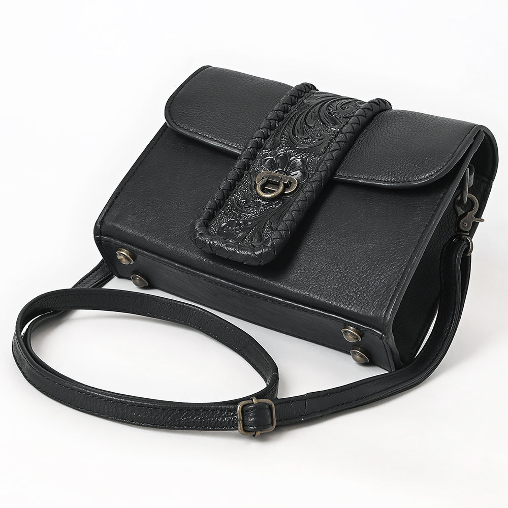 ADBG1694 Black Leather Crossbody Bag with Tooled Strap and Turn-Lock Closure
