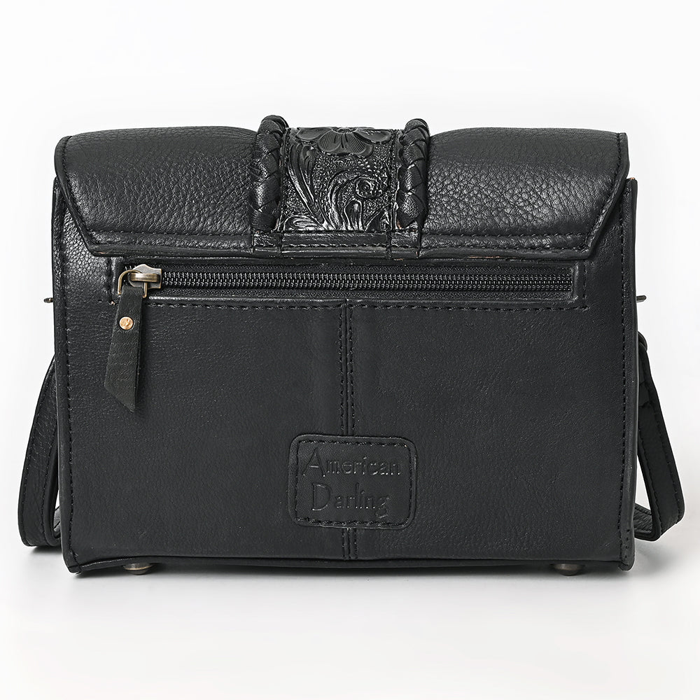 ADBG1694 Black Leather Crossbody Bag with Tooled Strap and Turn-Lock Closure