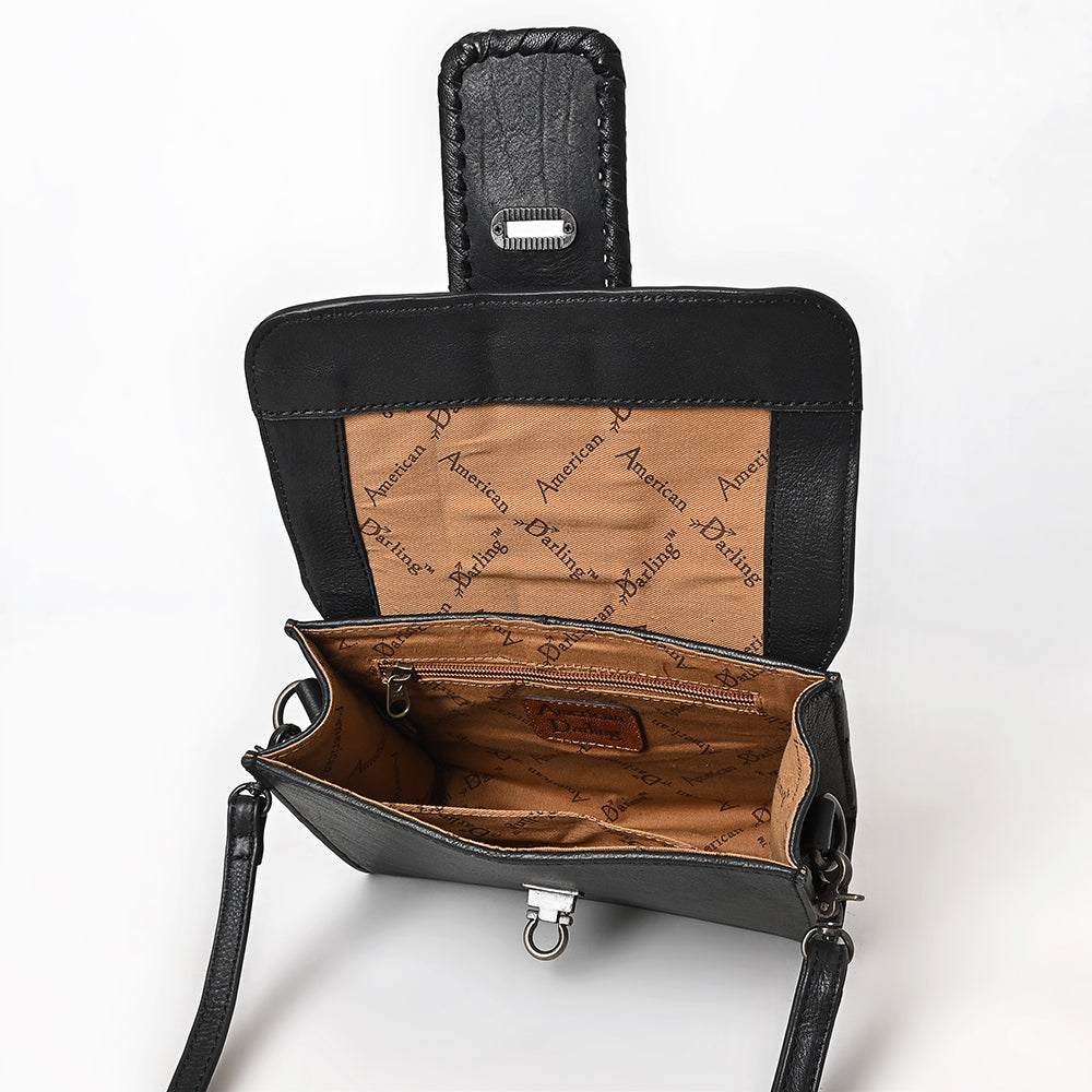 ADBG1694 Black Leather Crossbody Bag with Tooled Strap and Turn-Lock Closure