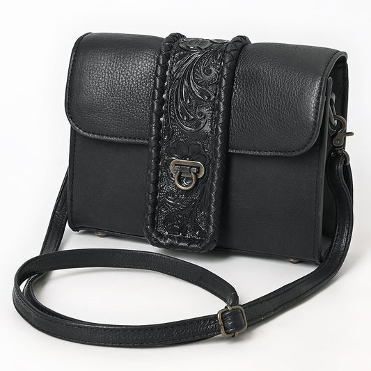 ADBG1694 Black Leather Crossbody Bag with Tooled Strap and Turn-Lock Closure
