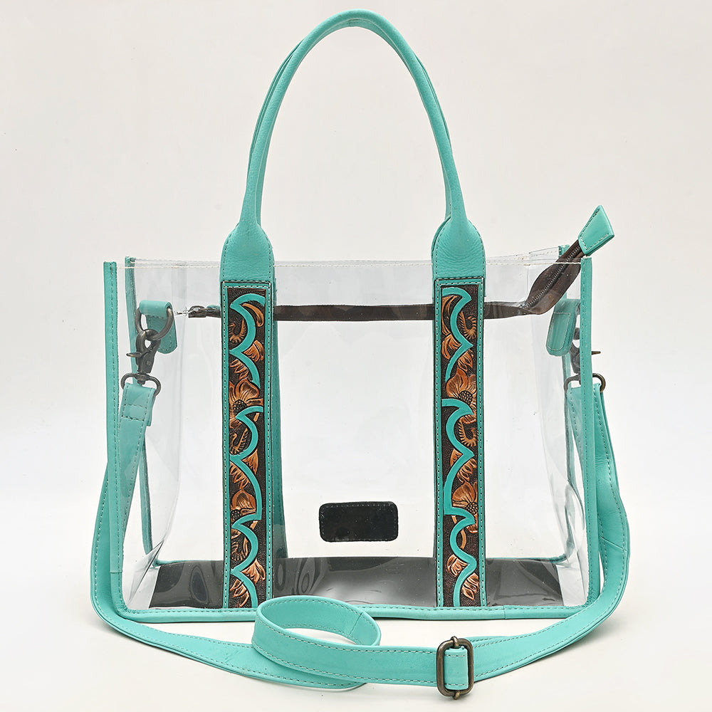 ADBG1696 Clear Stadium Tote with Tooled Turquoise Leather Trim
