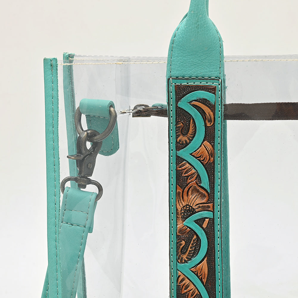 ADBG1696 Clear Stadium Tote with Tooled Turquoise Leather Trim