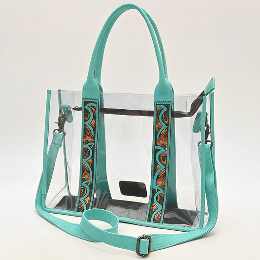 ADBG1696 Clear Stadium Tote with Tooled Turquoise Leather Trim