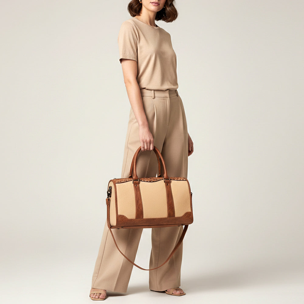 ADBG1697 Western Canvas Duffel Bag with Tooled Leather Accents