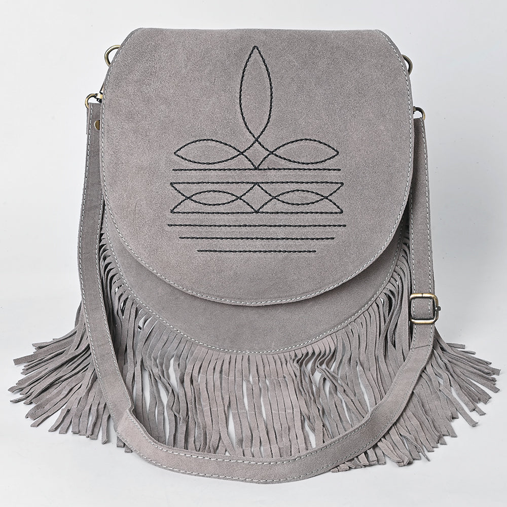 ADBGA713 Genuine suede Western Fringe Messenger Bag - White Stitch Design with Flap Closure