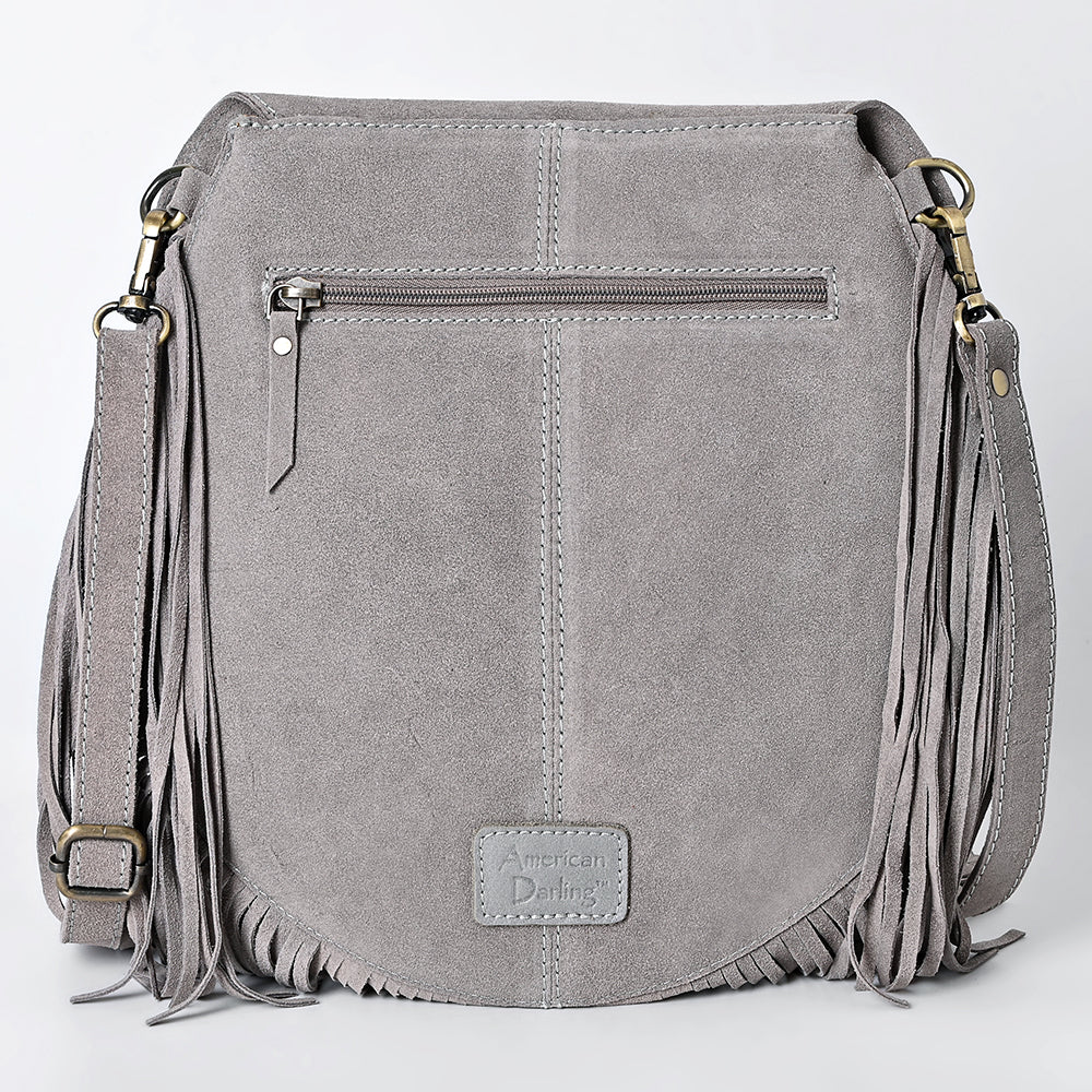 ADBGA713 Genuine suede Western Fringe Messenger Bag - White Stitch Design with Flap Closure