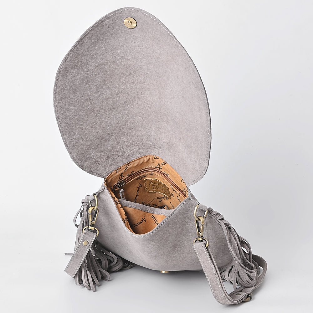 ADBGA713 Genuine suede Western Fringe Messenger Bag - White Stitch Design with Flap Closure