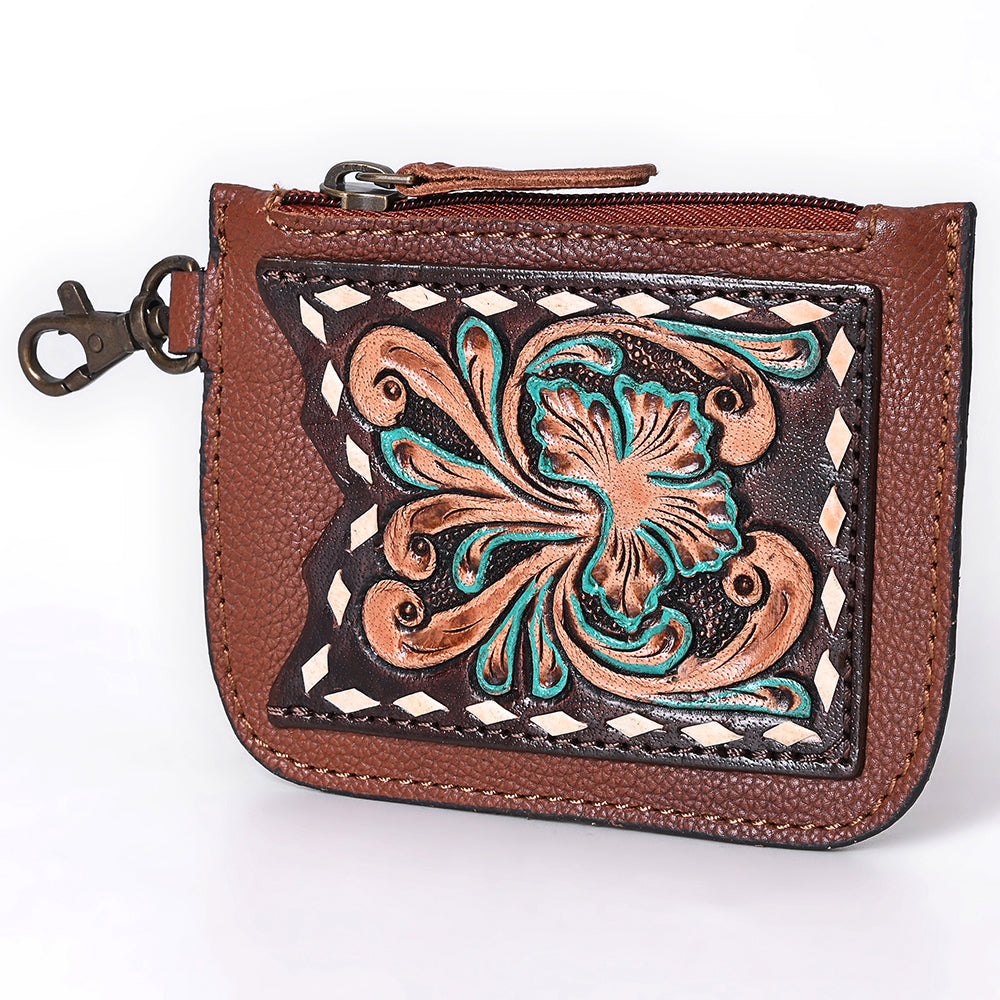 ADBGA663 Tooled Leather Coin Purse with Floral Design & Key Clip-Western Style