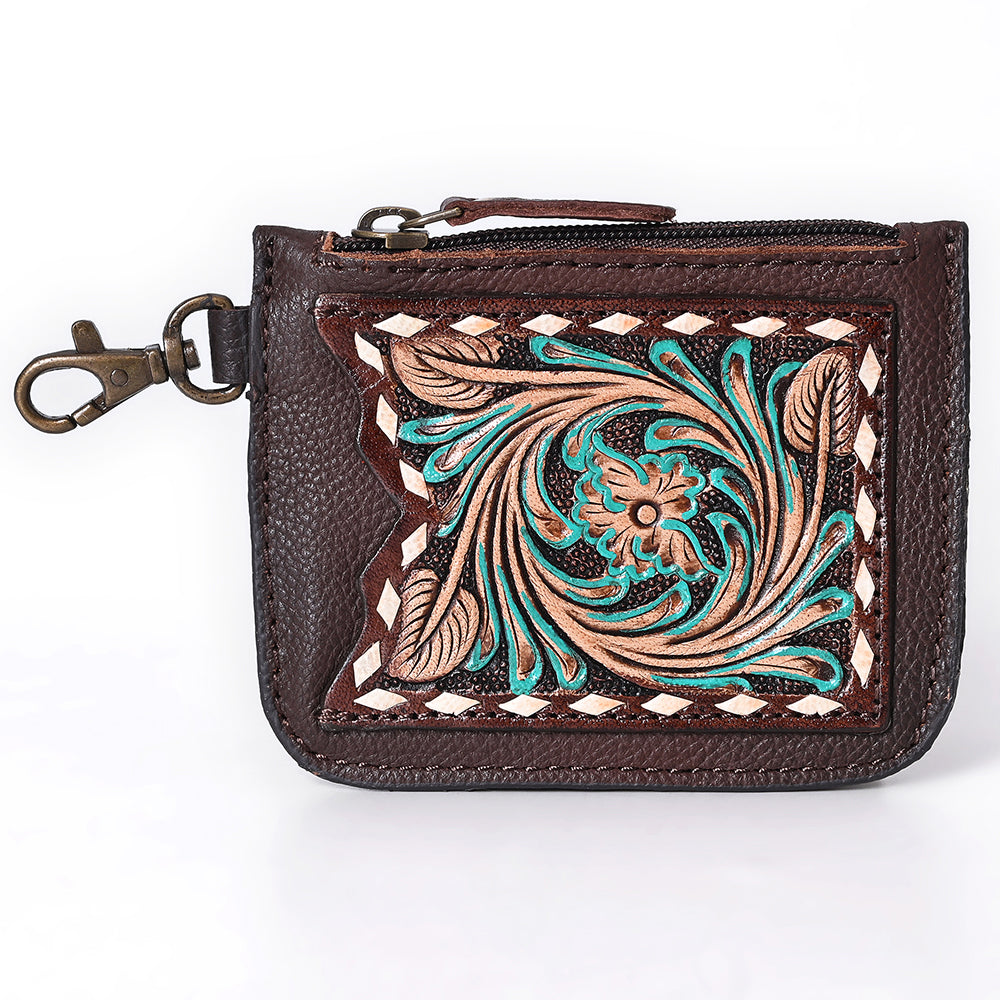 ADBGA663 Tooled Leather Coin Purse with Floral Design & Key Clip-Western Style