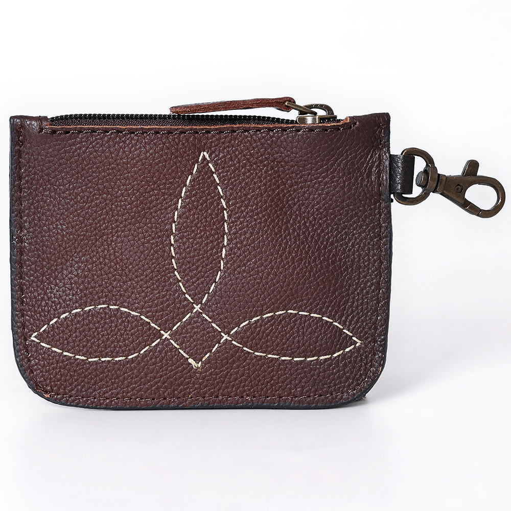 ADBGA663 Tooled Leather Coin Purse with Floral Design & Key Clip-Western Style