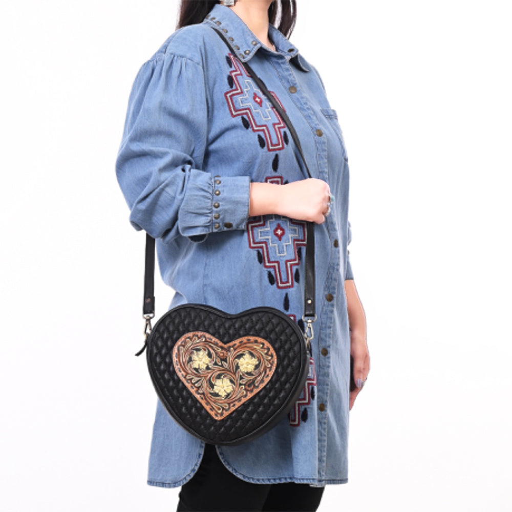 ADBGA745 Heart-Shaped Quilted Leather Crossbody Bag - Tooled Floral Inlay with Western Stitch Design