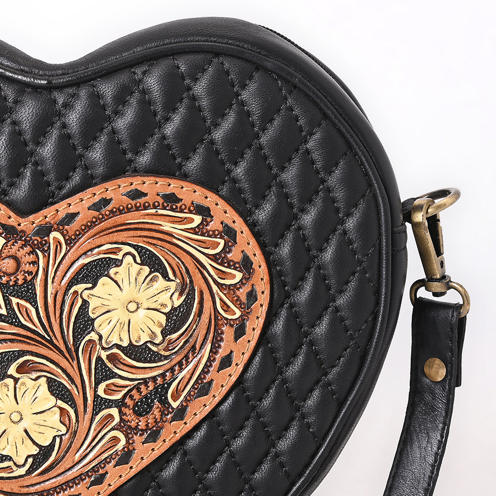 ADBGA745 Heart-Shaped Quilted Leather Crossbody Bag - Tooled Floral Inlay with Western Stitch Design