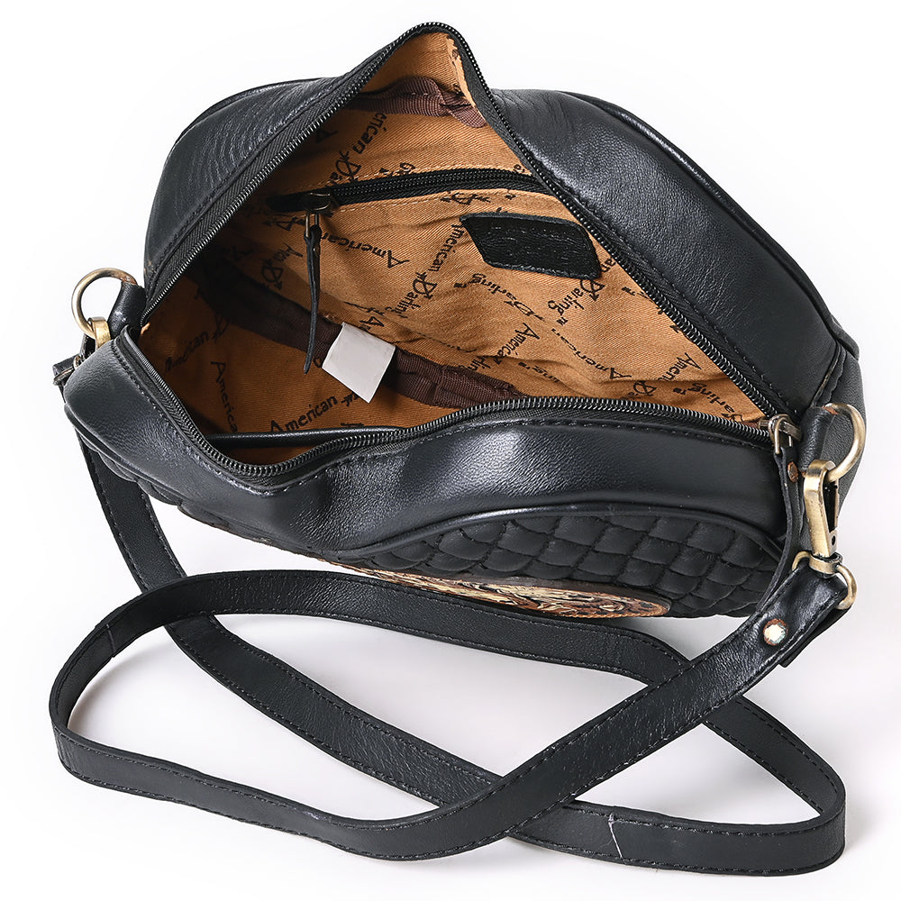 ADBGA745 Heart-Shaped Quilted Leather Crossbody Bag - Tooled Floral Inlay with Western Stitch Design