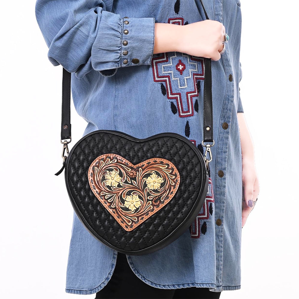ADBGA745 Heart-Shaped Quilted Leather Crossbody Bag - Tooled Floral Inlay with Western Stitch Design