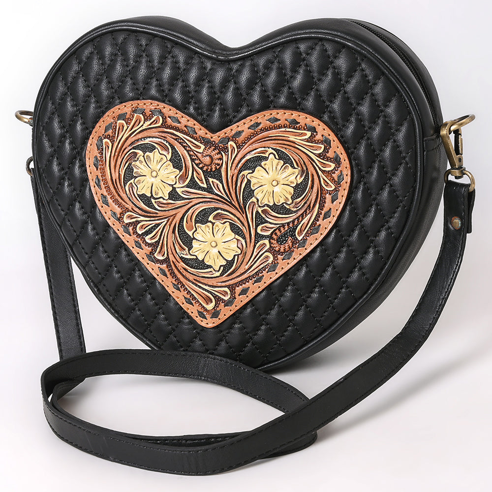 ADBGA745 Heart-Shaped Quilted Leather Crossbody Bag - Tooled Floral Inlay with Western Stitch Design
