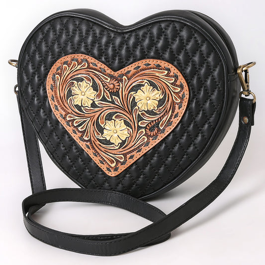 ADBGA745 Heart-Shaped Quilted Leather Crossbody Bag - Tooled Floral Inlay with Western Stitch Design