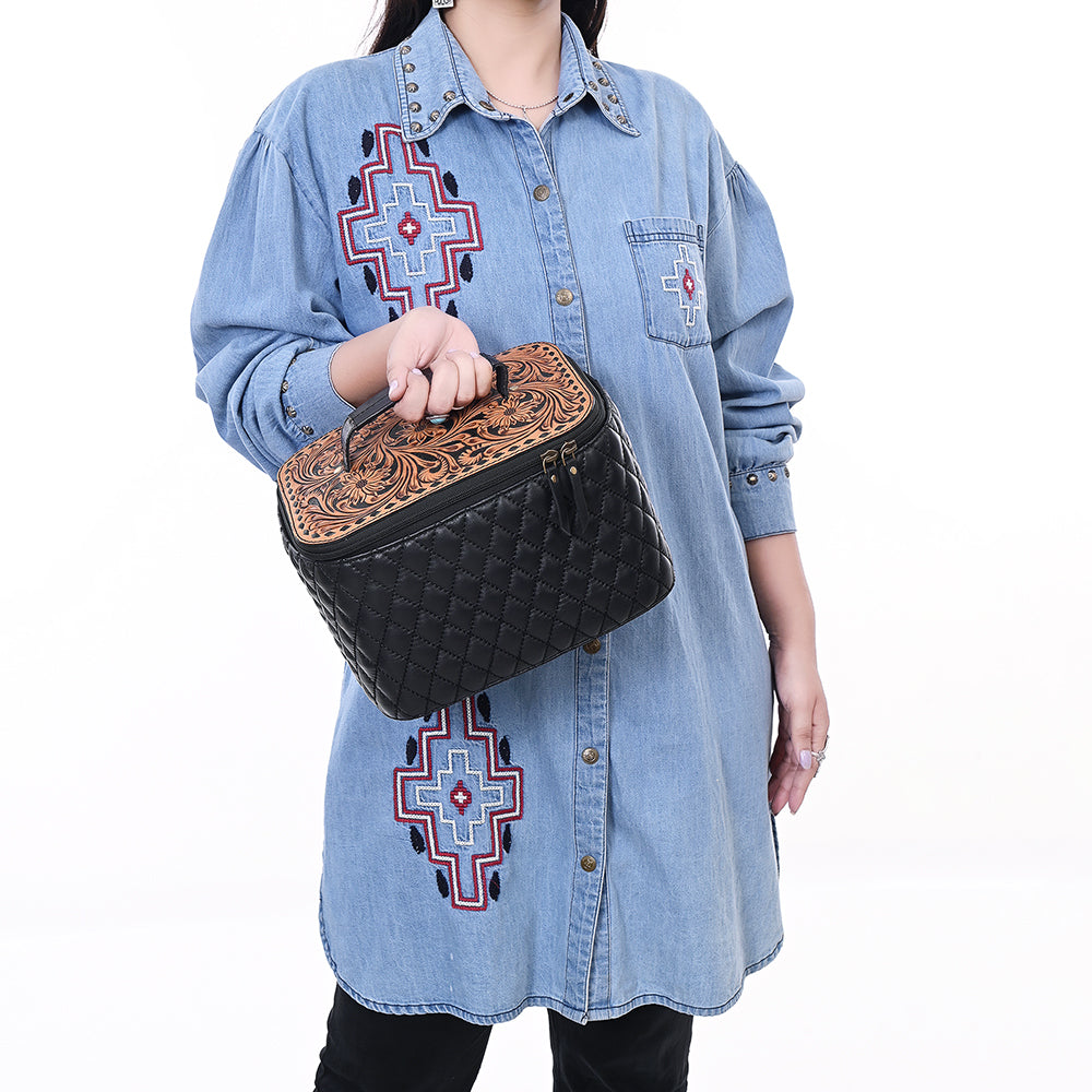 ADBGA747 Western Quilted Leather Vanity Case - Tooled Floral Leather Top with Handle & Dual Zippers