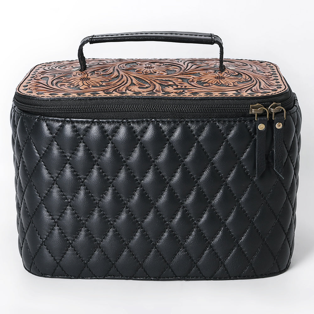 ADBGA747 Western Quilted Leather Vanity Case - Tooled Floral Leather Top with Handle & Dual Zippers
