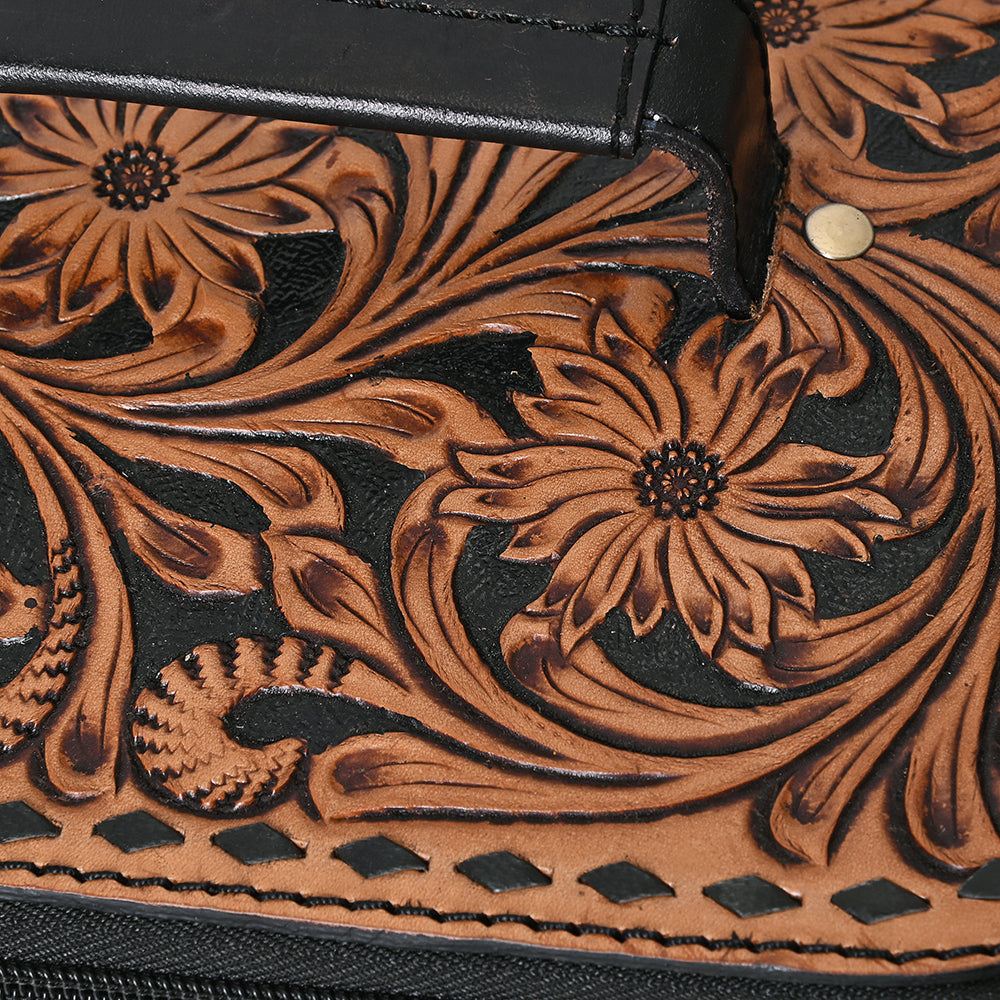 ADBGA747 Western Quilted Leather Vanity Case - Tooled Floral Leather Top with Handle & Dual Zippers