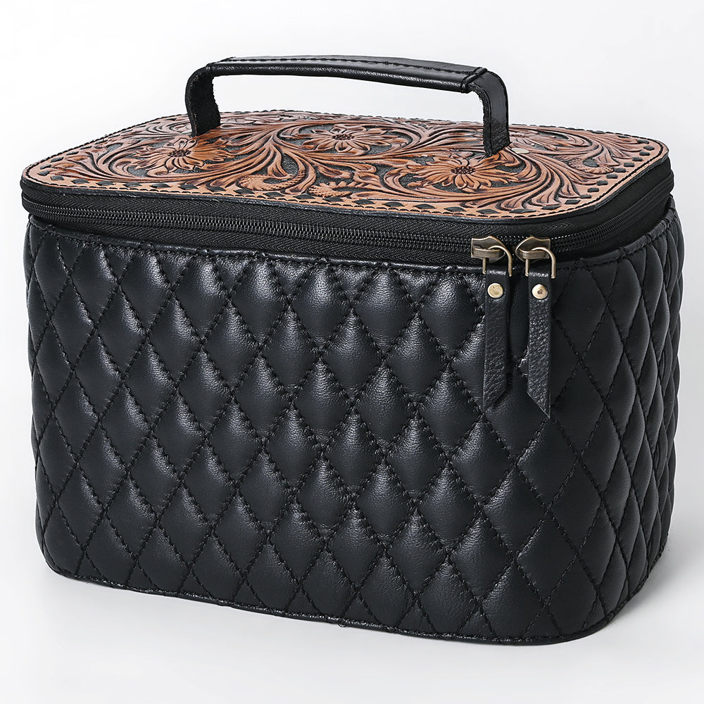 ADBGA747 Western Quilted Leather Vanity Case - Tooled Floral Leather Top with Handle & Dual Zippers