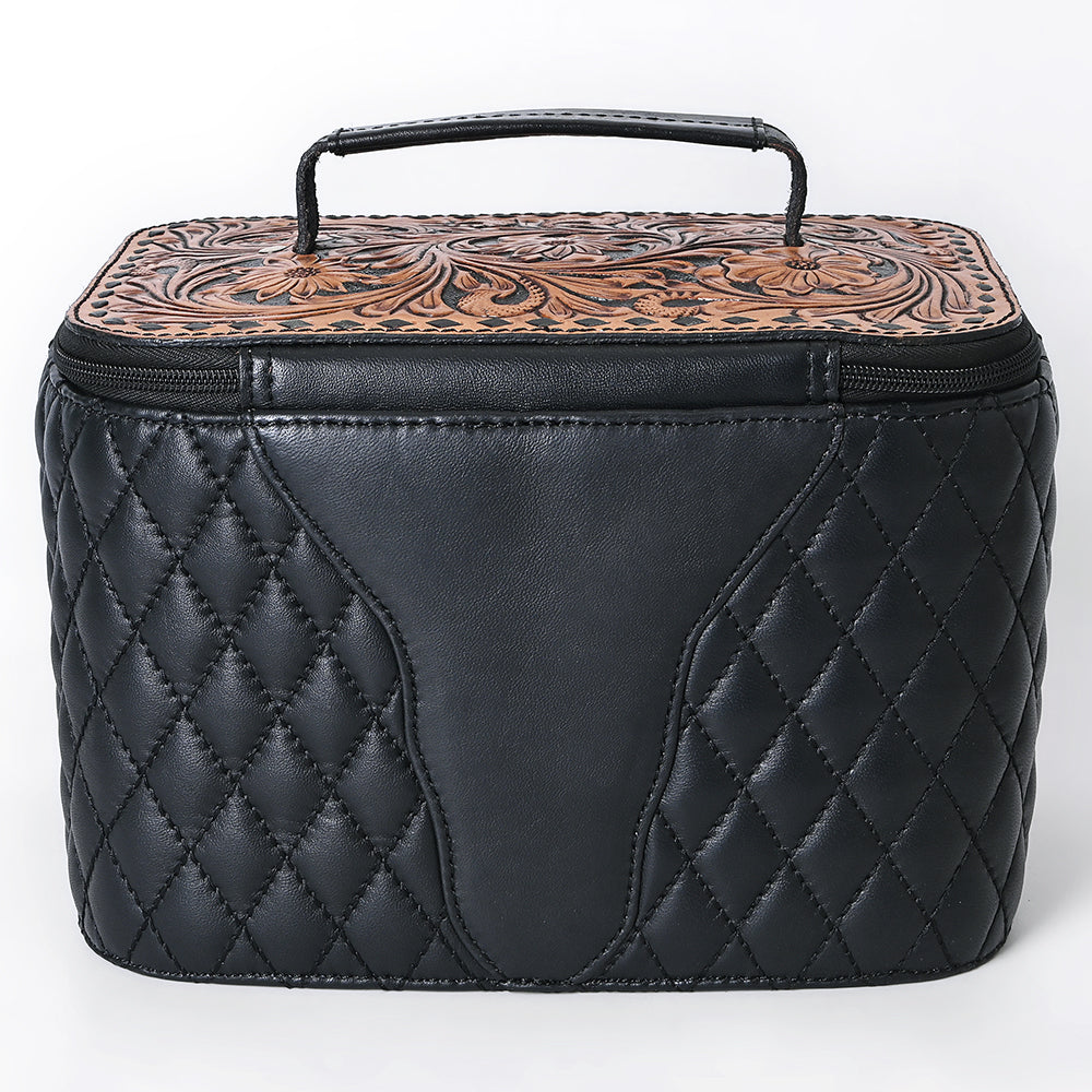 ADBGA747 Western Quilted Leather Vanity Case - Tooled Floral Leather Top with Handle & Dual Zippers