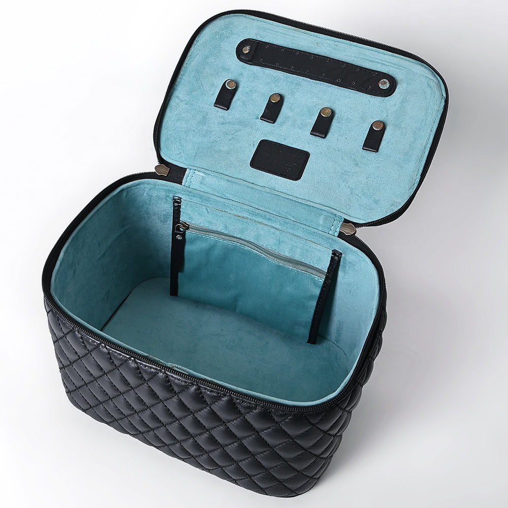 ADBGA747 Western Quilted Leather Vanity Case - Tooled Floral Leather Top with Handle & Dual Zippers