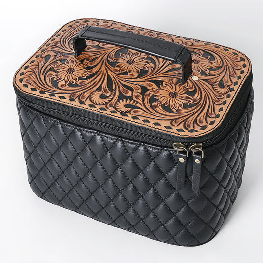 ADBGA747 Western Quilted Leather Vanity Case - Tooled Floral Leather Top with Handle & Dual Zippers