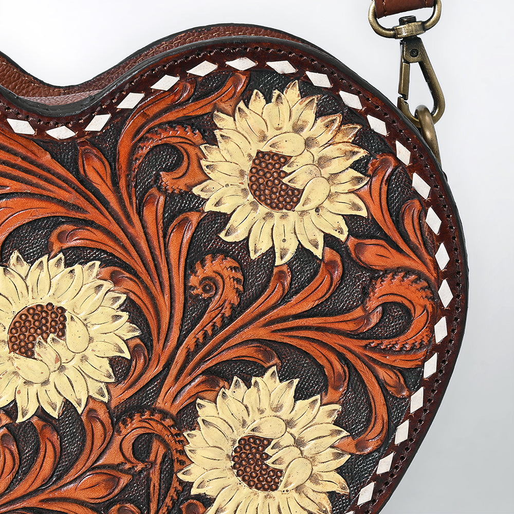 ADBGA744 Heart-Shaped Tooled Leather Crossbody Bag - Sunflower Floral Design with Western Stitch