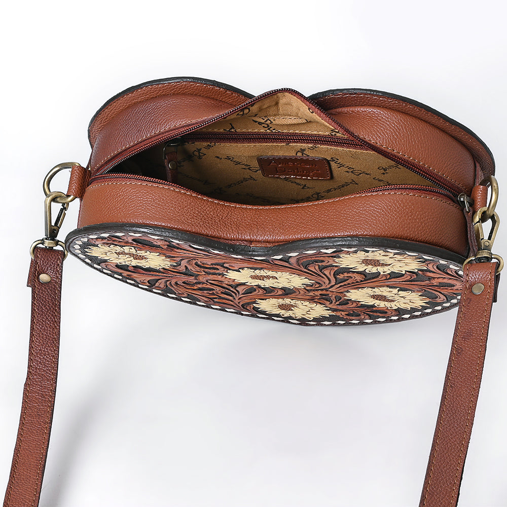 ADBGA744 Heart-Shaped Tooled Leather Crossbody Bag - Sunflower Floral Design with Western Stitch