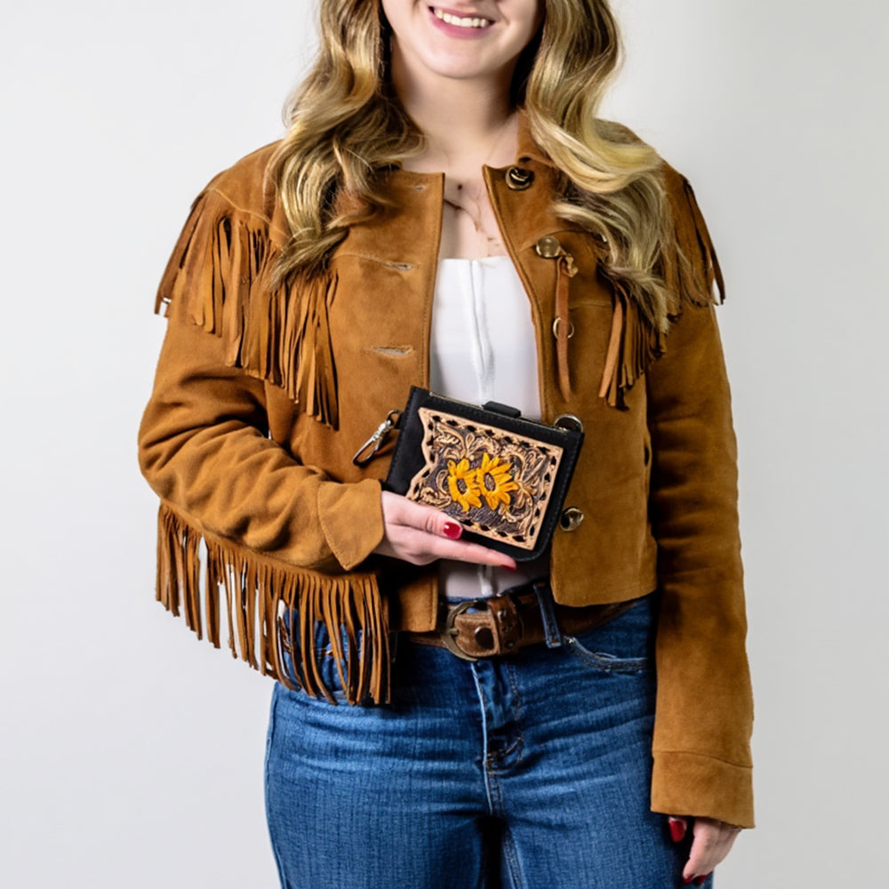 ADBGA746 Tooled Leather Coin Purse - Red Floral Design with Zipper & Clip Hook