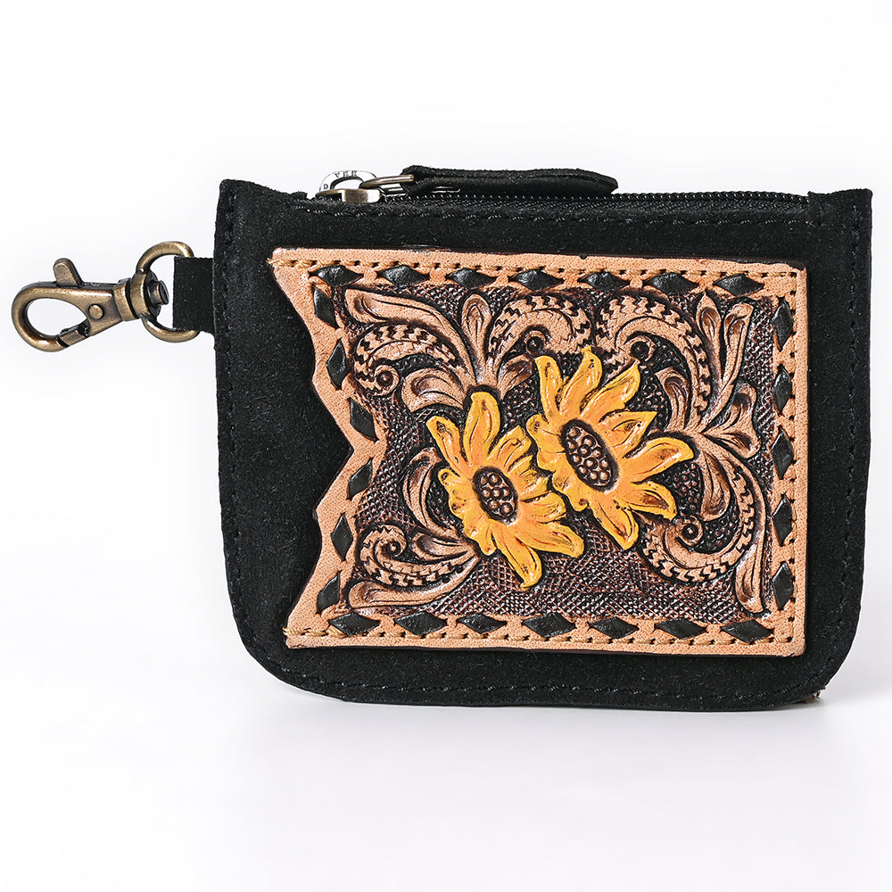 ADBGA746 Tooled Leather Coin Purse - Red Floral Design with Zipper & Clip Hook