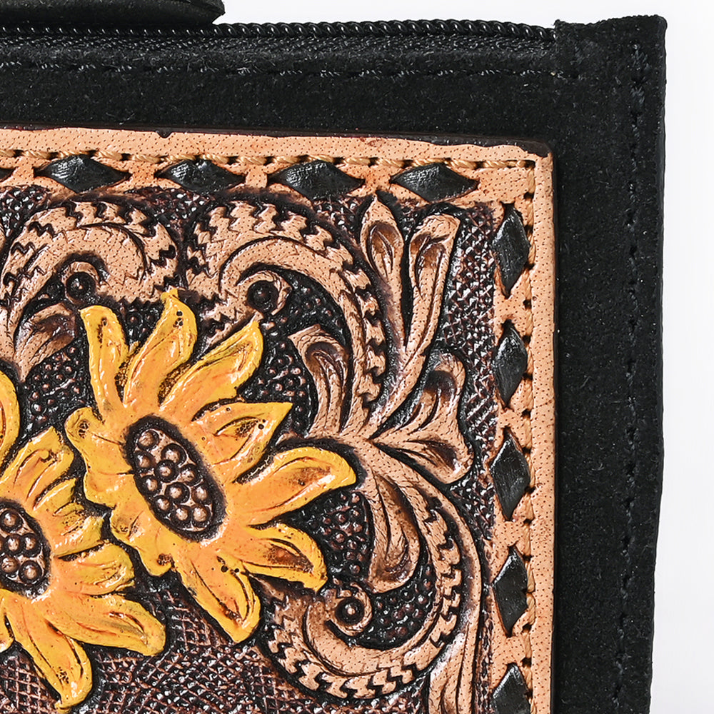 ADBGA746 Tooled Leather Coin Purse - Red Floral Design with Zipper & Clip Hook