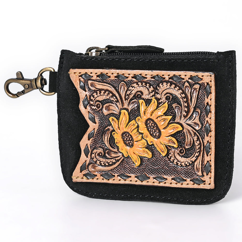 ADBGA746 Tooled Leather Coin Purse - Red Floral Design with Zipper & Clip Hook