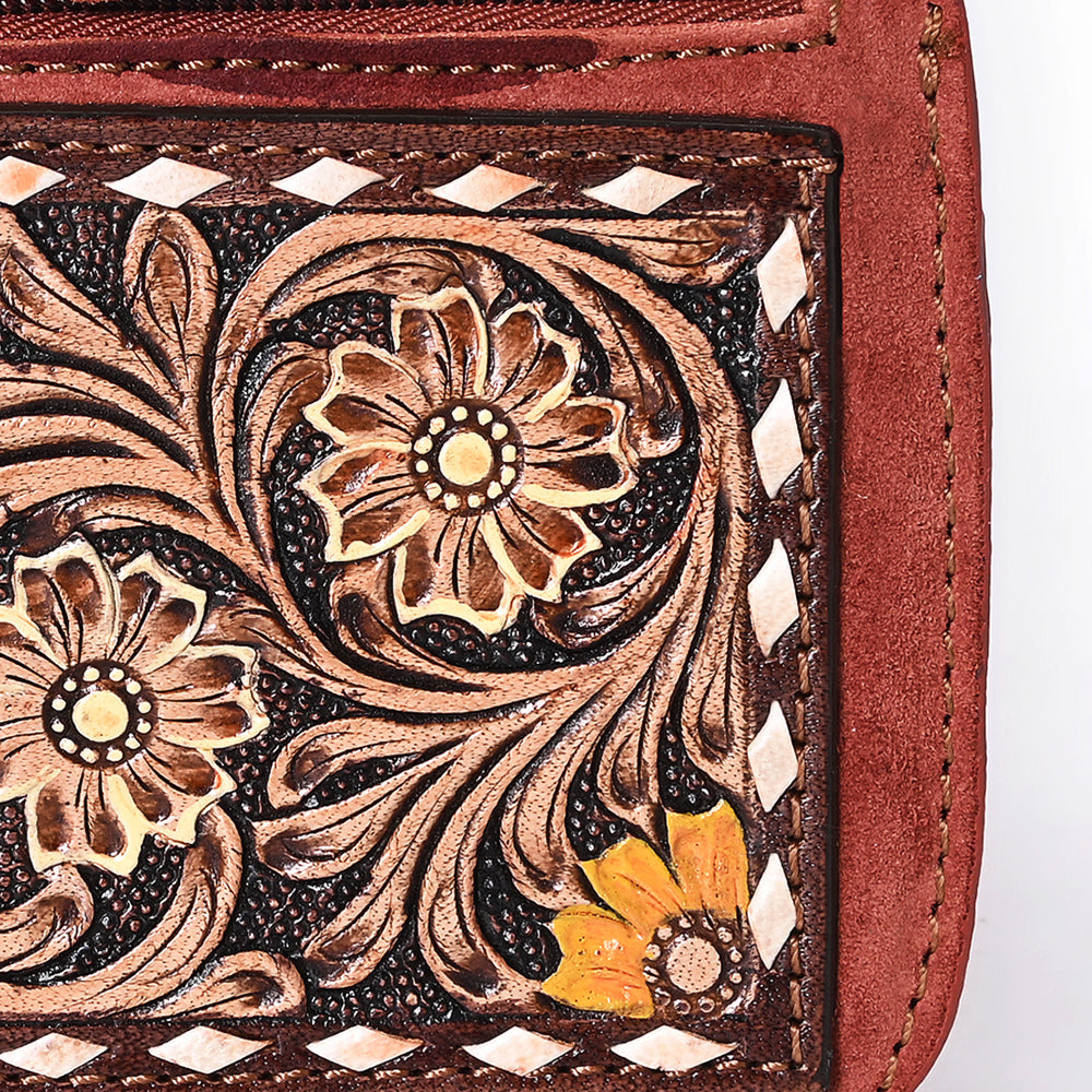 ADBGA746 Tooled Leather Coin Purse - Red Floral Design with Zipper & Clip Hook