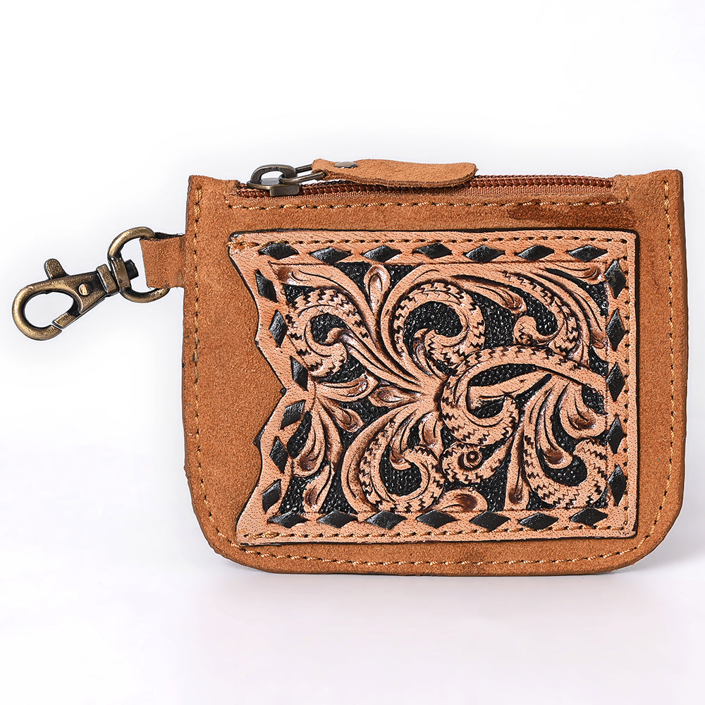 ADBGA746 Tooled Leather Coin Purse - Red Floral Design with Zipper & Clip Hook