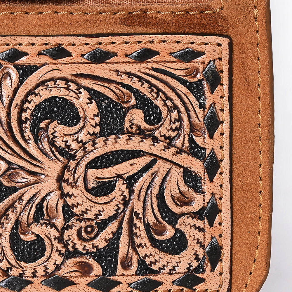 ADBGA746 Tooled Leather Coin Purse - Red Floral Design with Zipper & Clip Hook