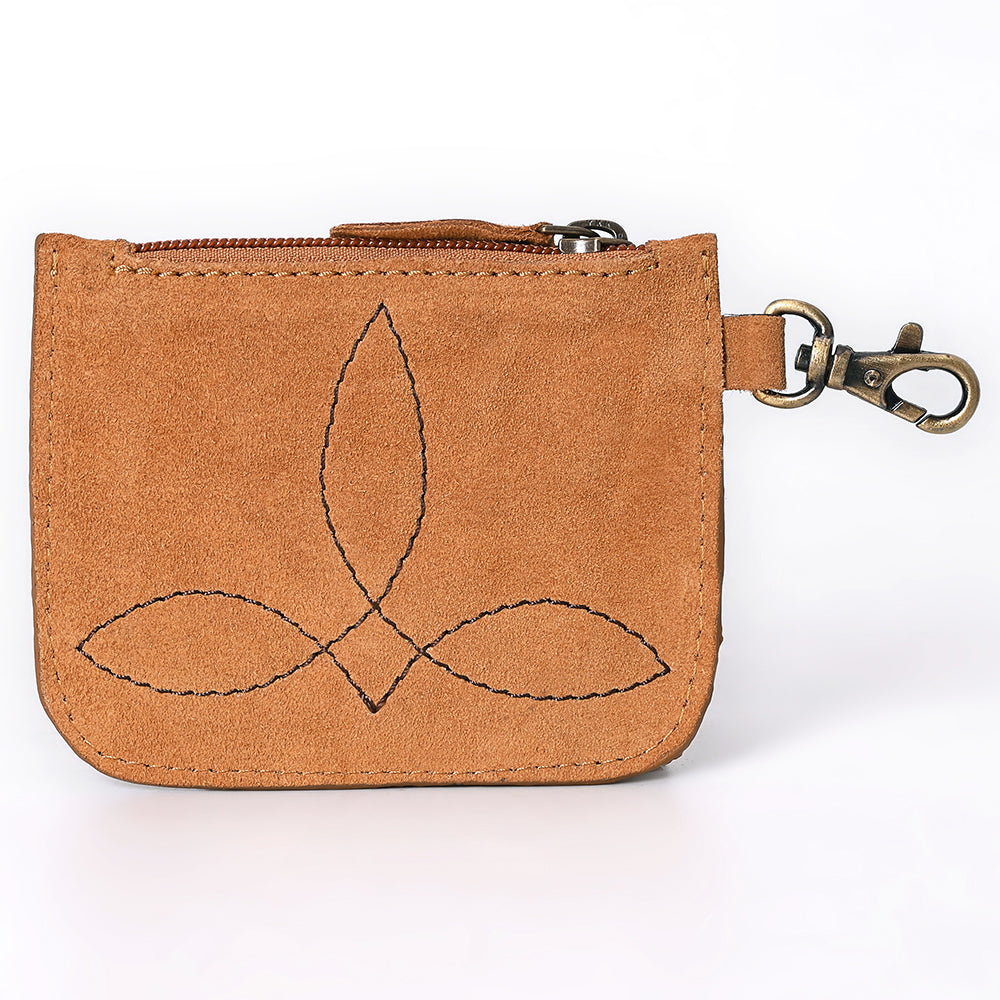 ADBGA746 Tooled Leather Coin Purse - Red Floral Design with Zipper & Clip Hook