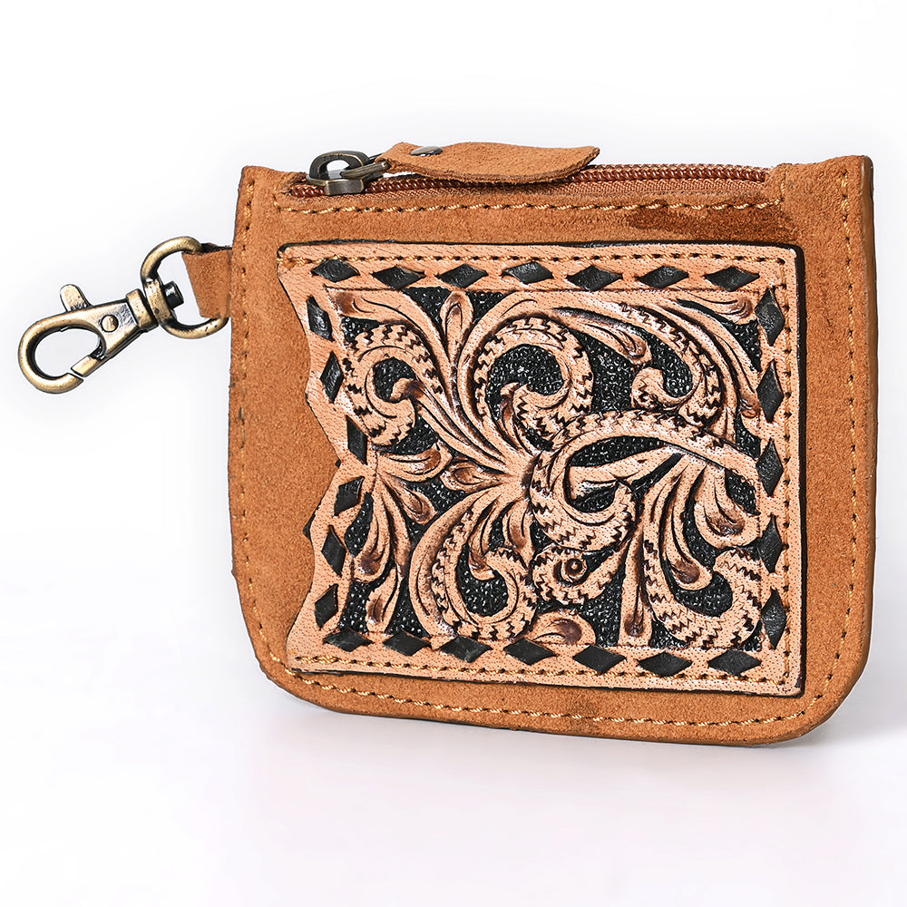 ADBGA746 Tooled Leather Coin Purse - Red Floral Design with Zipper & Clip Hook