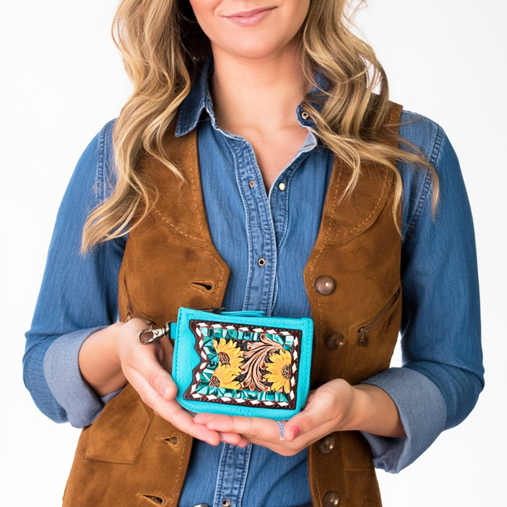 ADBGA746 Tooled Leather Coin Purse - Red Floral Design with Zipper & Clip Hook