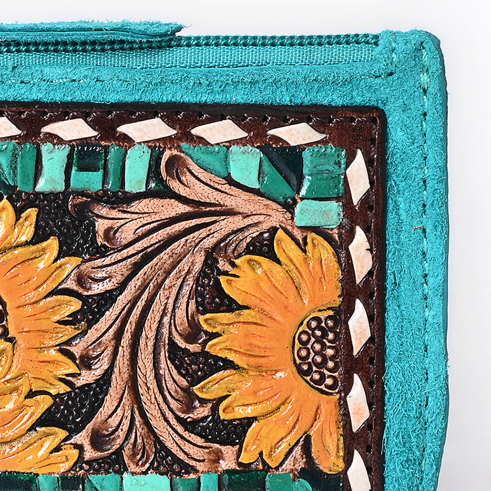 ADBGA746 Tooled Leather Coin Purse - Red Floral Design with Zipper & Clip Hook