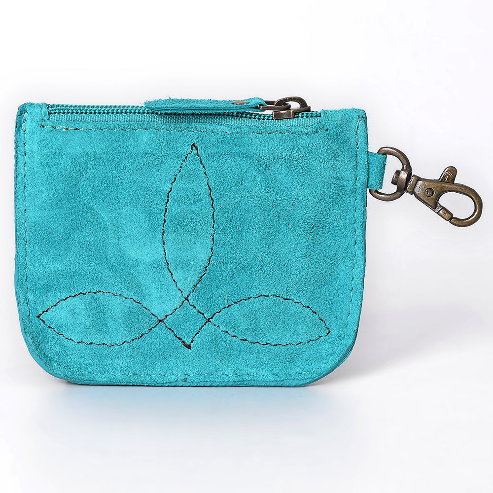 ADBGA746 Tooled Leather Coin Purse - Red Floral Design with Zipper & Clip Hook