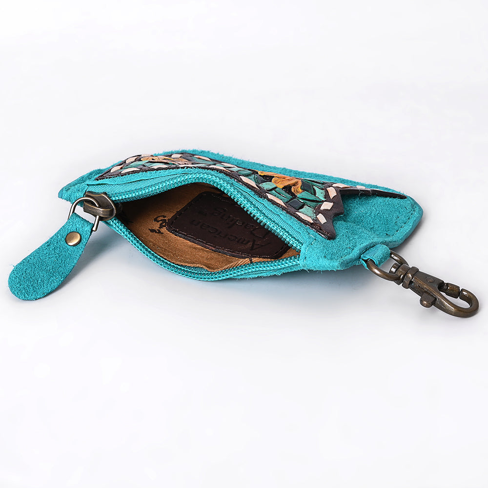 ADBGA746 Tooled Leather Coin Purse - Red Floral Design with Zipper & Clip Hook