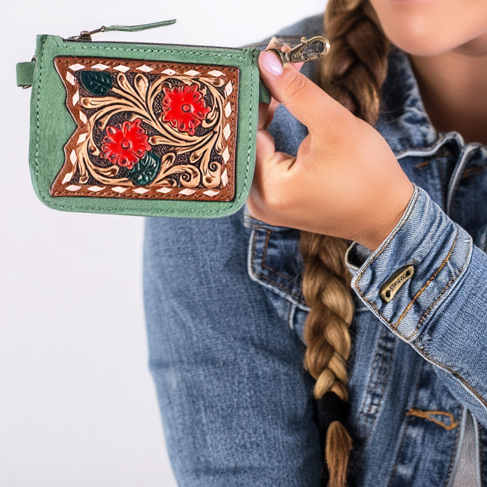 ADBGA746 Tooled Leather Coin Purse - Red Floral Design with Zipper & Clip Hook