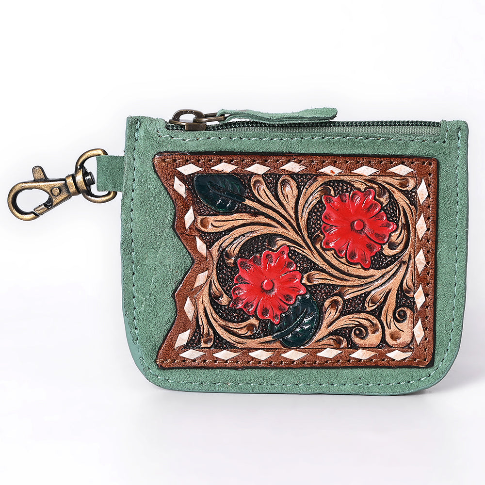 ADBGA746 Tooled Leather Coin Purse - Red Floral Design with Zipper & Clip Hook