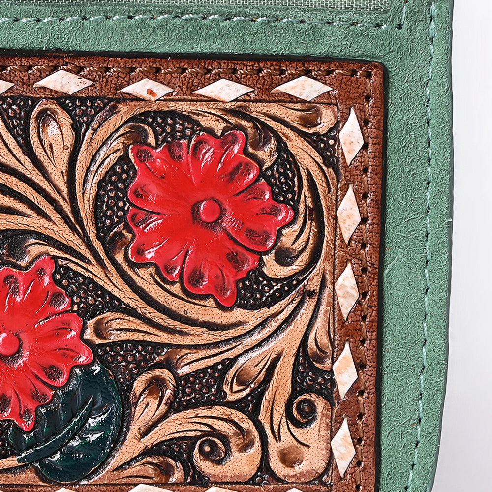 ADBGA746 Tooled Leather Coin Purse - Red Floral Design with Zipper & Clip Hook