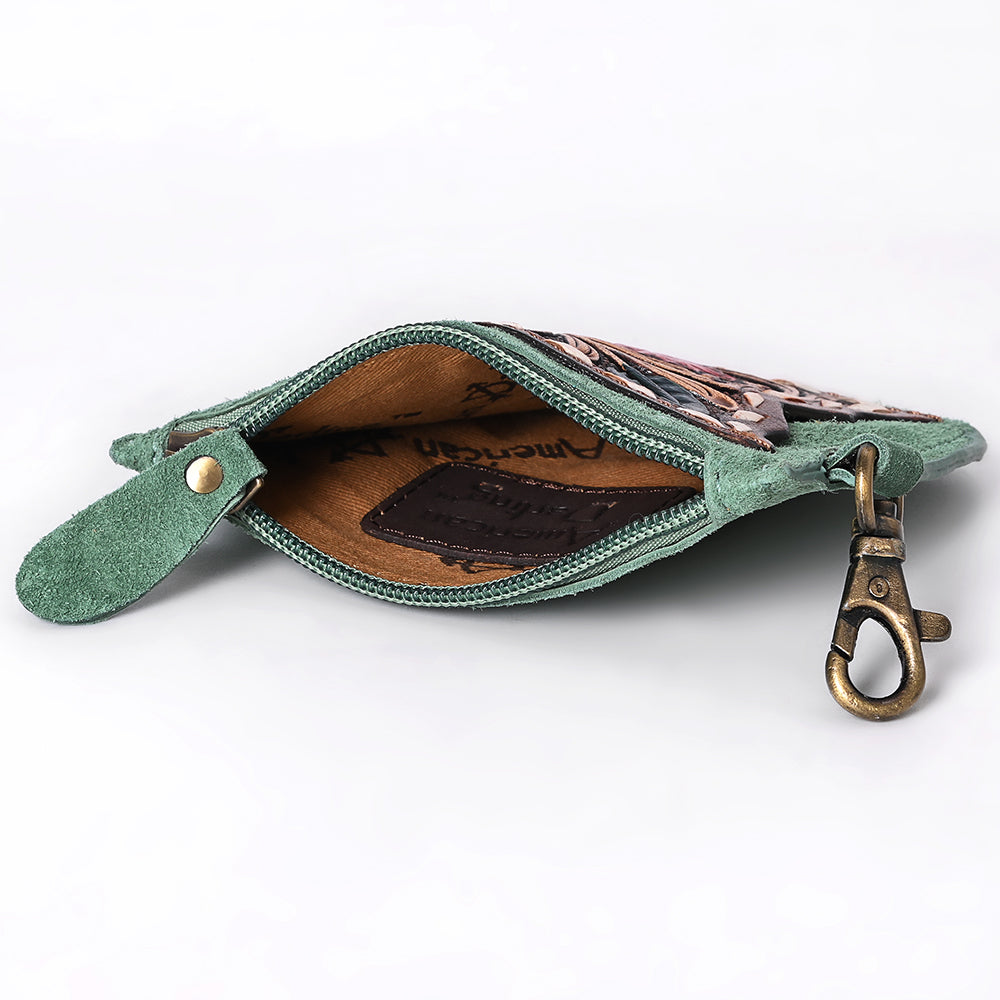 ADBGA746 Tooled Leather Coin Purse - Red Floral Design with Zipper & Clip Hook